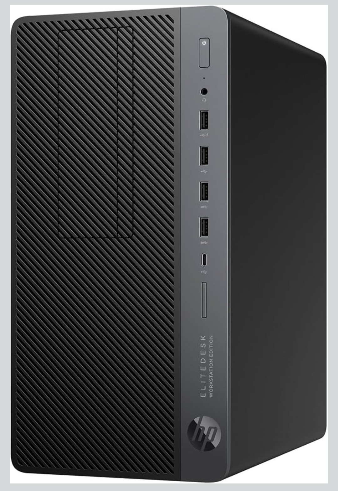 HP Micro Tower recondiționat, vedere din lateral, unghi diferit